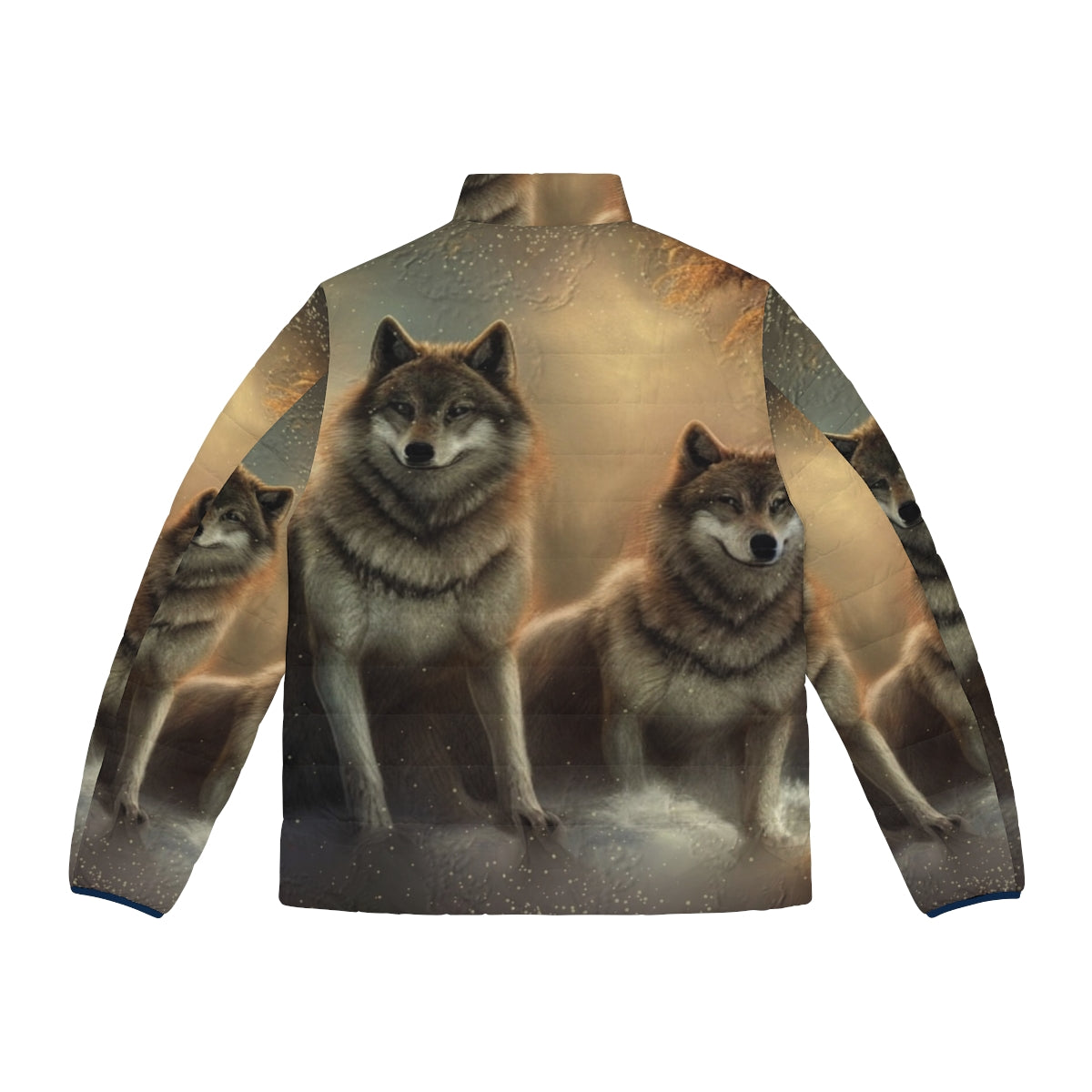 A warm puffer jacket featuring an original wolf design for winter outdoor activities - Back