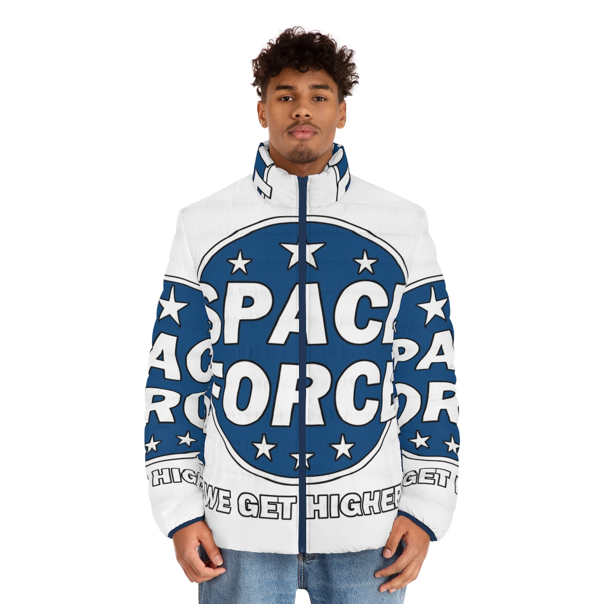 Space Force Puffer Jacket with "We Get Higher" quote from the Netflix series - men front