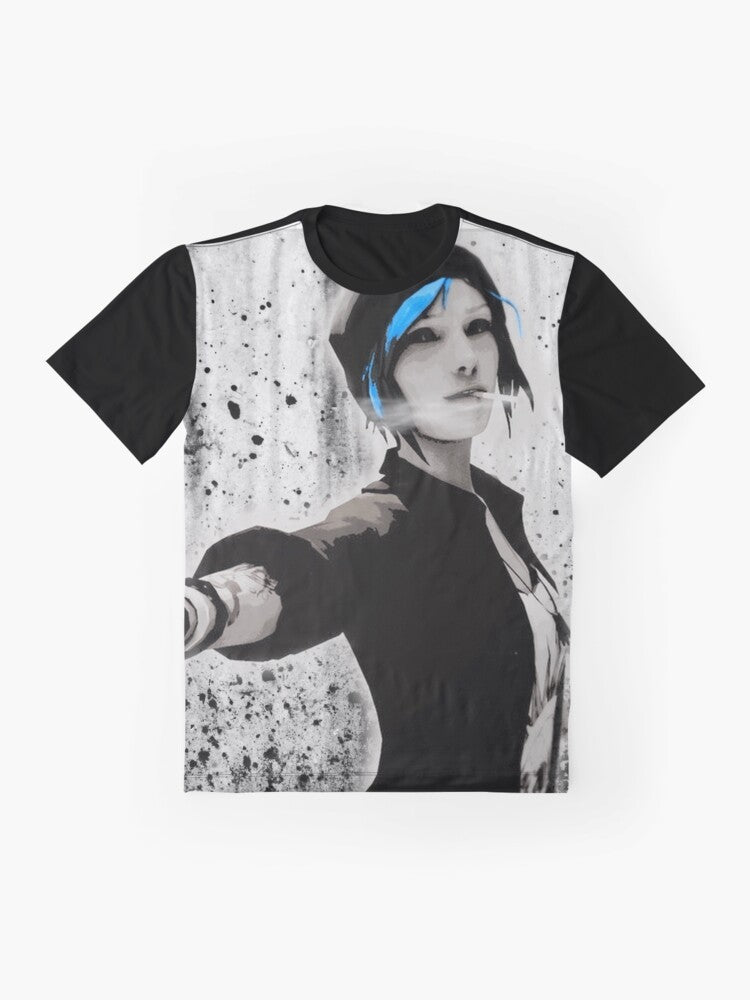 Chloe Price, the rebellious protagonist from the video game Life is Strange, featured in a colorful graphic design on a t-shirt. - Flat lay