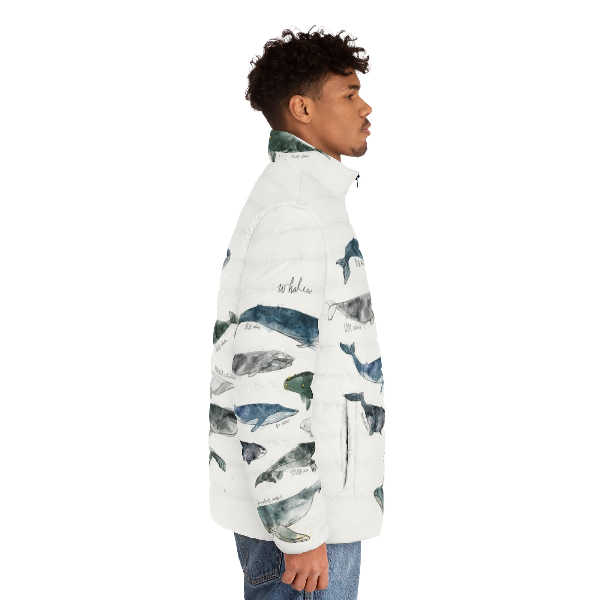 Whales Puffer Jacket with Watercolor Wildlife Design - men side right