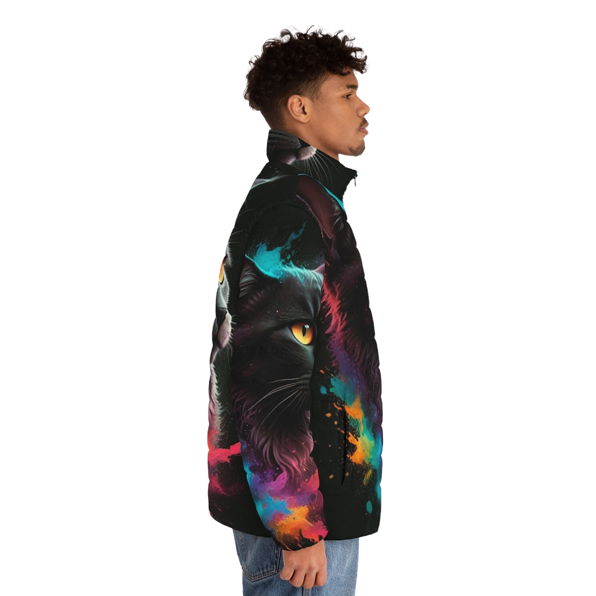 A colorful and whimsical puffer jacket featuring a vibrant splash cat design. - men side right