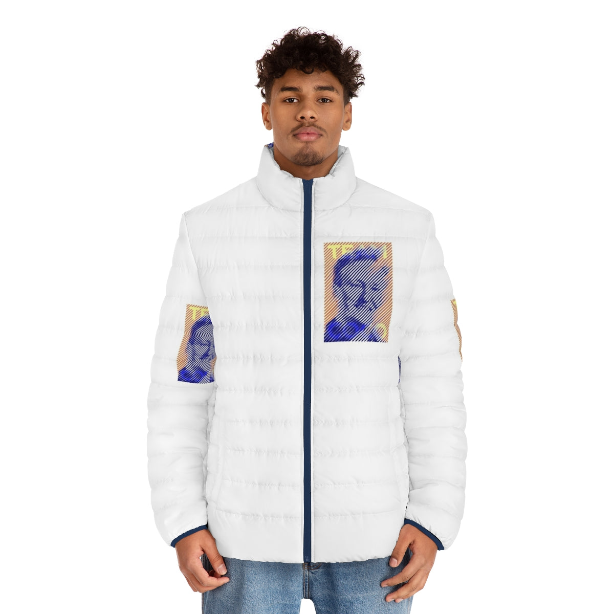 Team Coco Blue Orange Puffer Jacket with Conan Obrien's portrait and line art design - men front