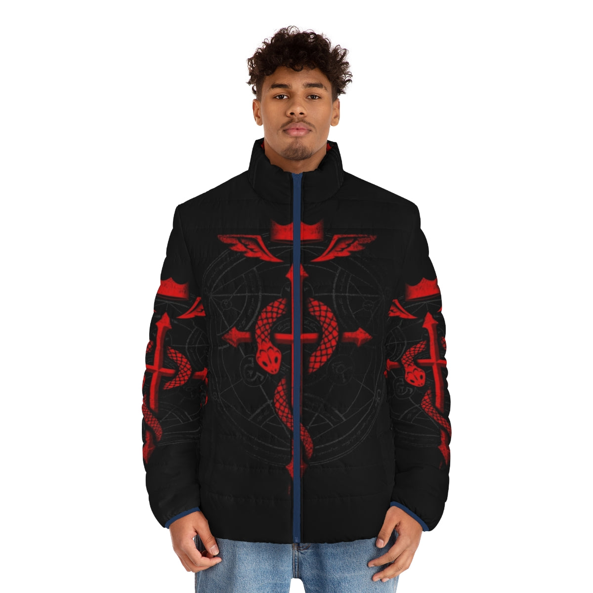 Alchemist Flamel Puffer Jacket featuring Fullmetal Alchemist symbols and imagery - men front