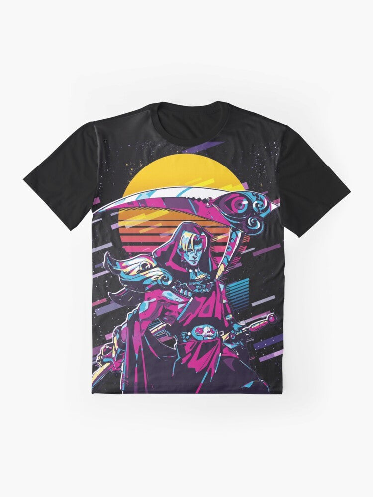 80s retro-style graphic t-shirt featuring Thanatos and Hades from Greek mythology - Flat lay