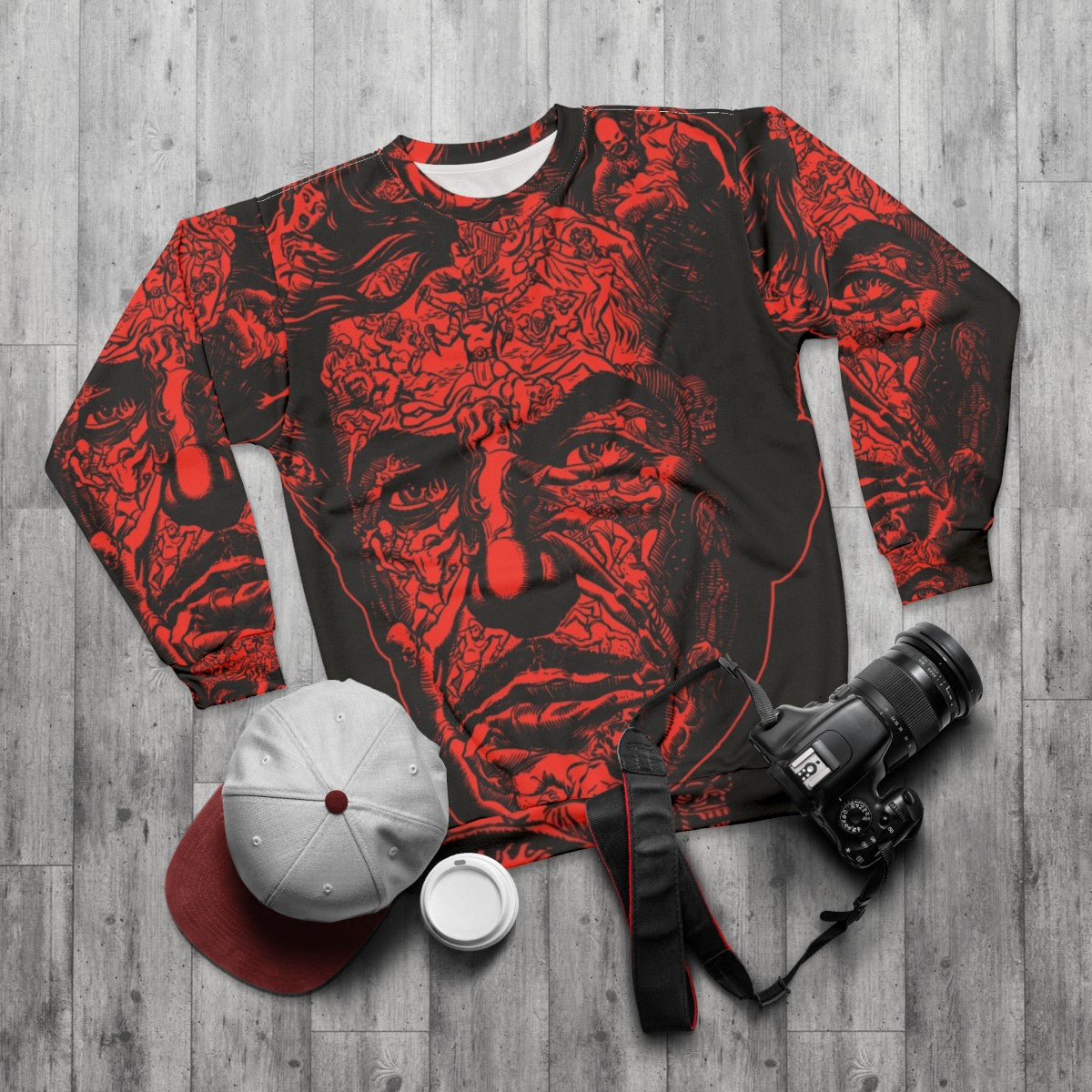 Red death sweatshirt featuring edgar allan poe's classic horror story - flat lay