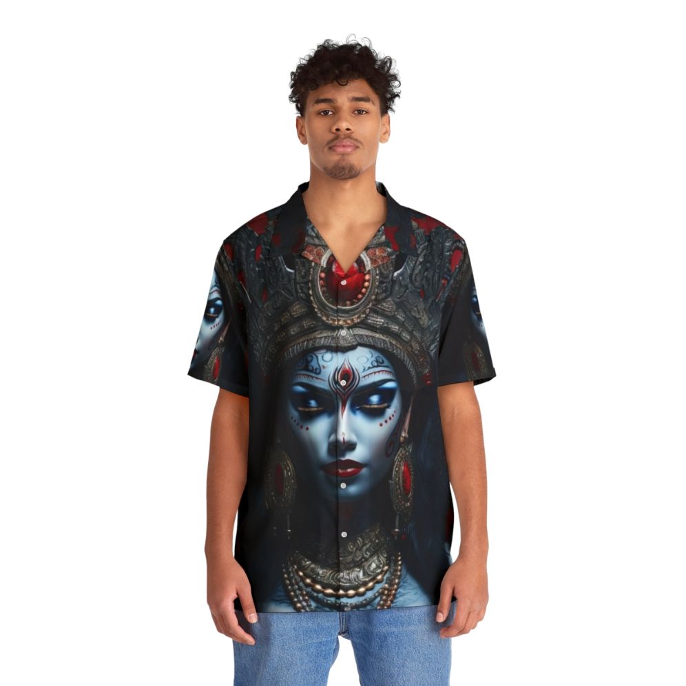 Kali goddess blue Hawaiian shirt with occult and esoteric design - People Front