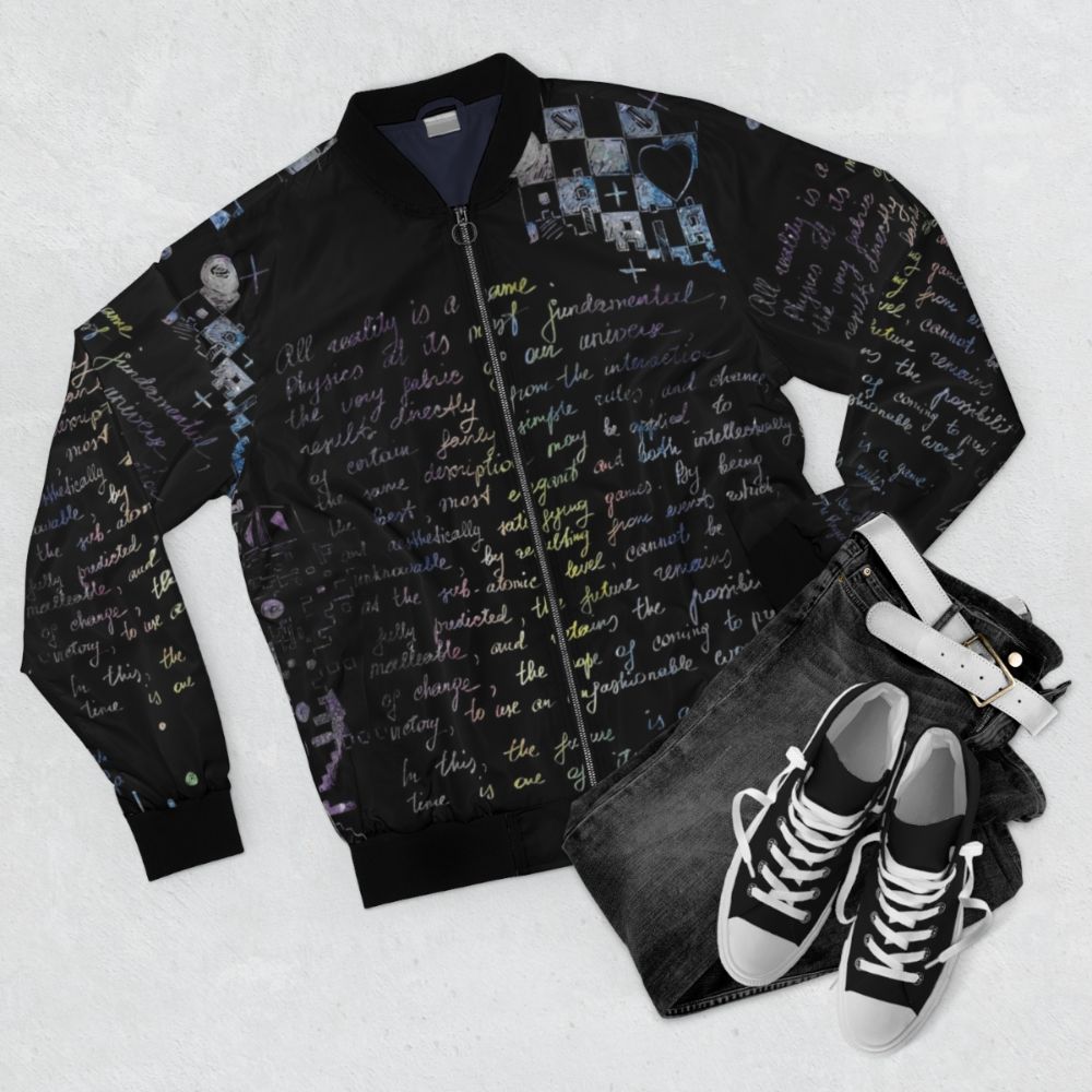 A retro-styled bomber jacket featuring a doodle design and quotes from the sci-fi novel "The Player of Games" by Iain M. Banks. - Flat lay