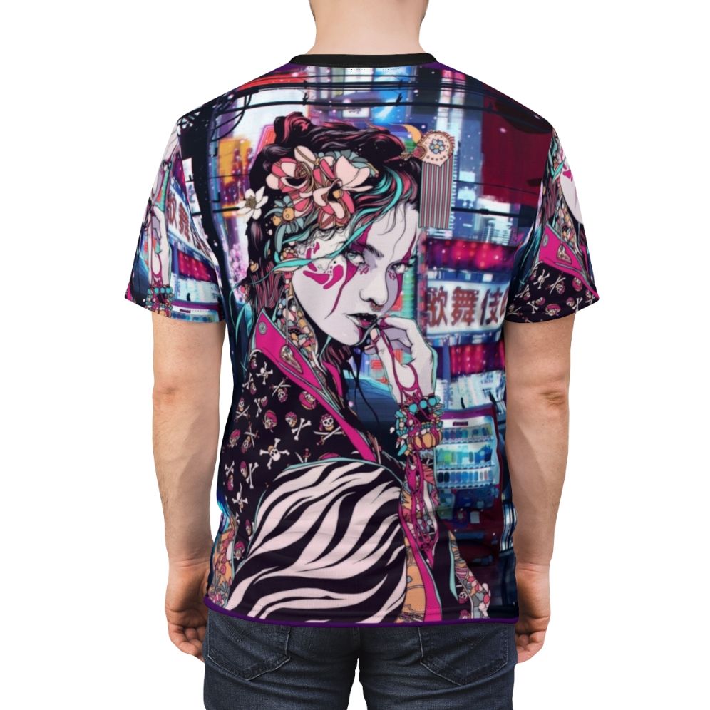 Vibrant t-shirt design featuring a captivating geisha character set against the backdrop of the Tokyo cityscape - men back