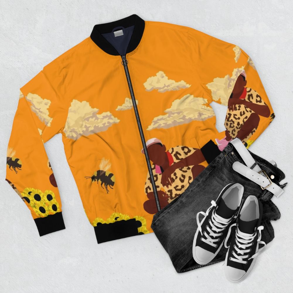 Tyler, The Creator Flower Boy Bomber Jacket featuring graphic and typography design - Flat lay