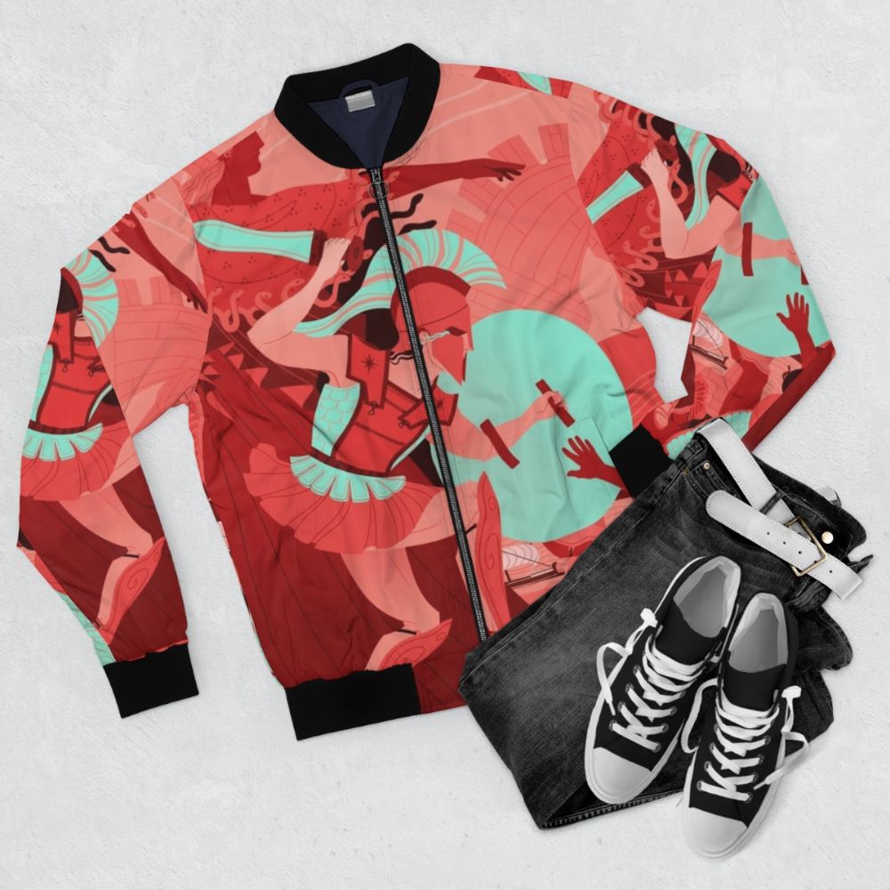 Vintage-style bomber jacket with Iliad and ancient Greek mythology graphics - Flat lay