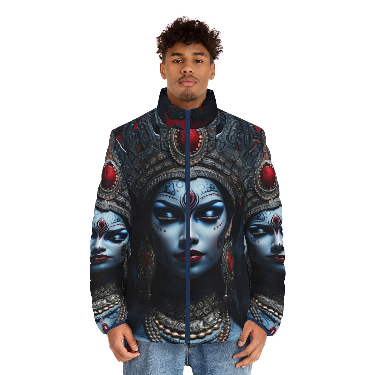 Puffer jacket featuring the powerful image of the Hindu goddess Kali - men front