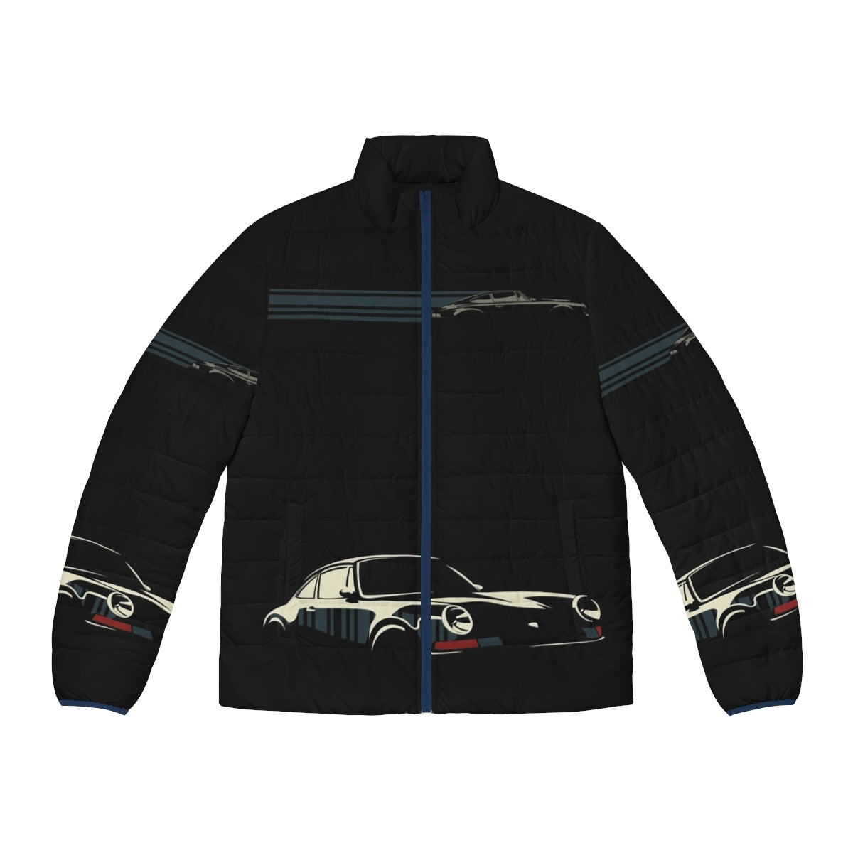 Minimalist Porsche Puffer Jacket featuring a black and white car illustration