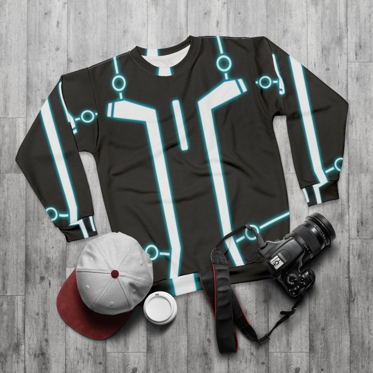 Nerdy geeky programmer sweatshirt with glowing tech design - flat lay