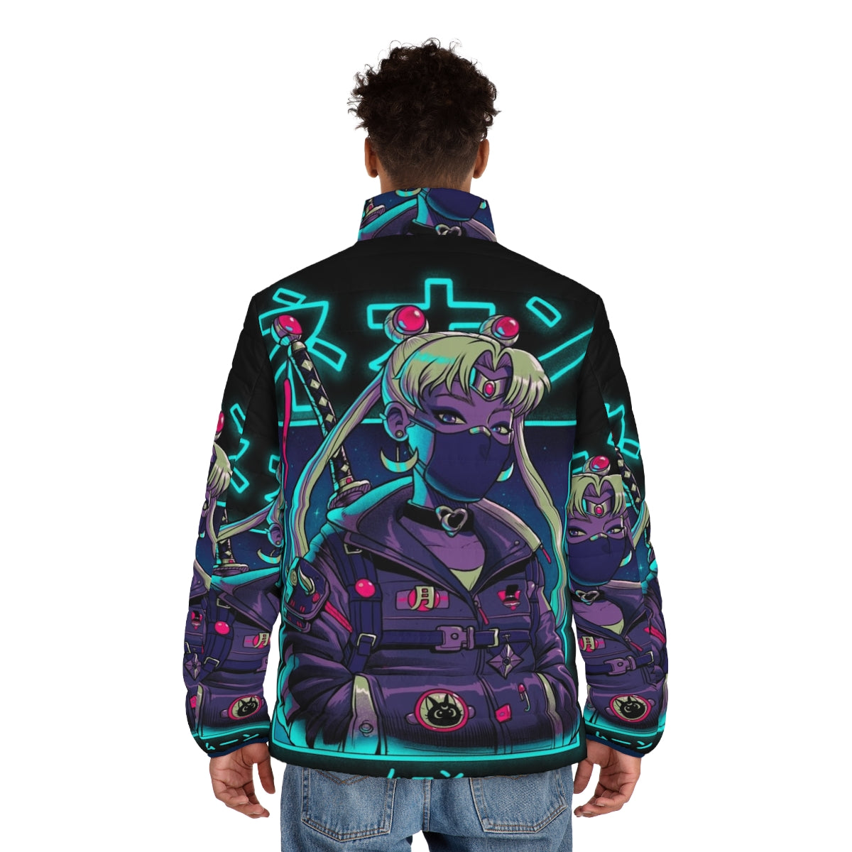 Neon puffer jacket with moon and samurai design - men back