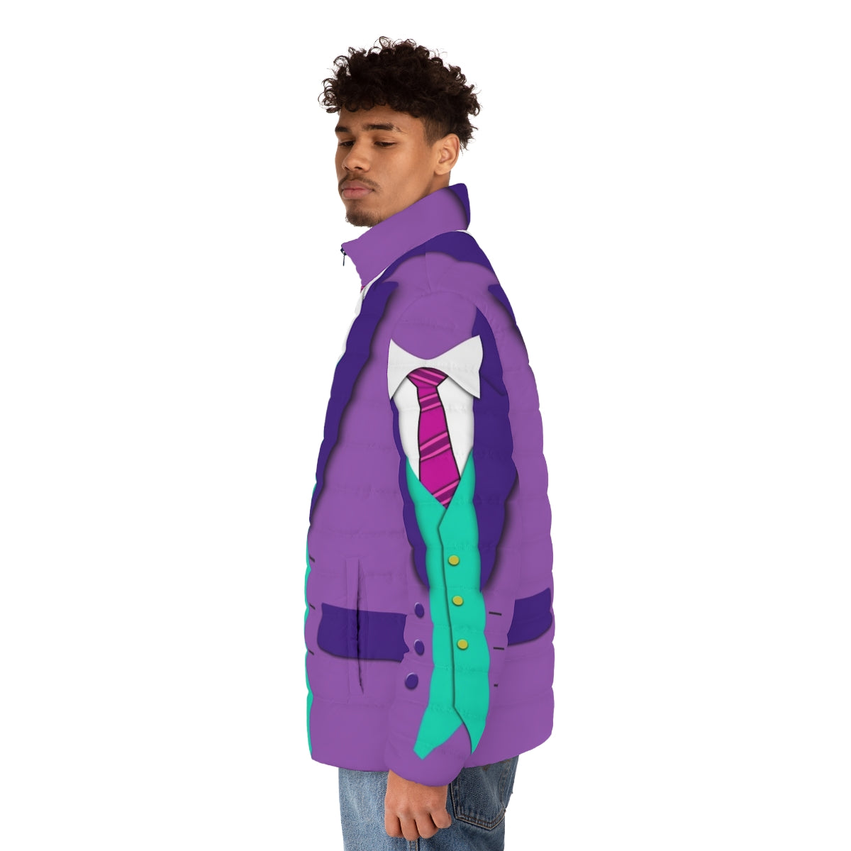 Colorful puffer jacket with suit, tie, and vest - men side left