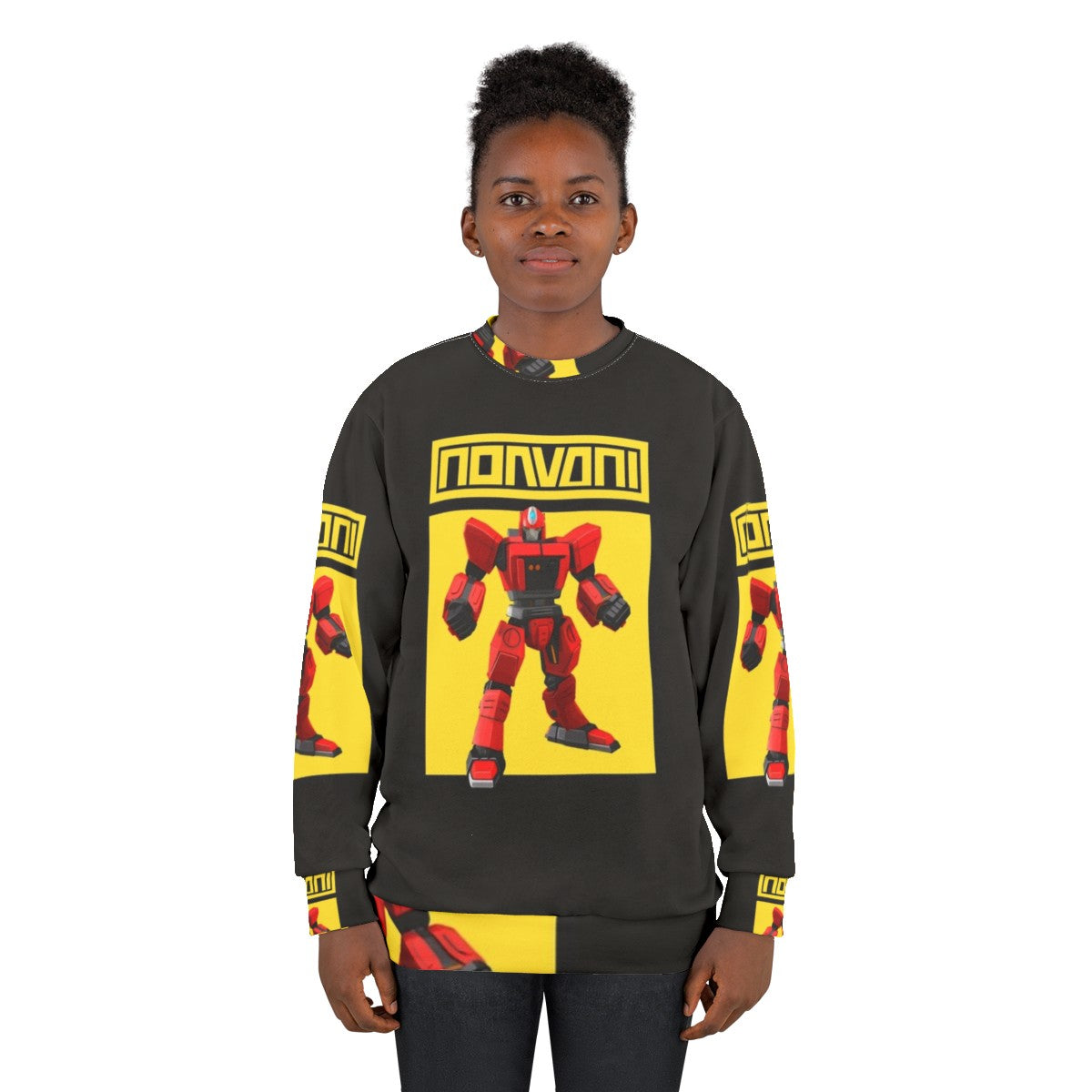 Stylish robot hero yellow sweatshirt with gaming and Animal Crossing inspired design - women