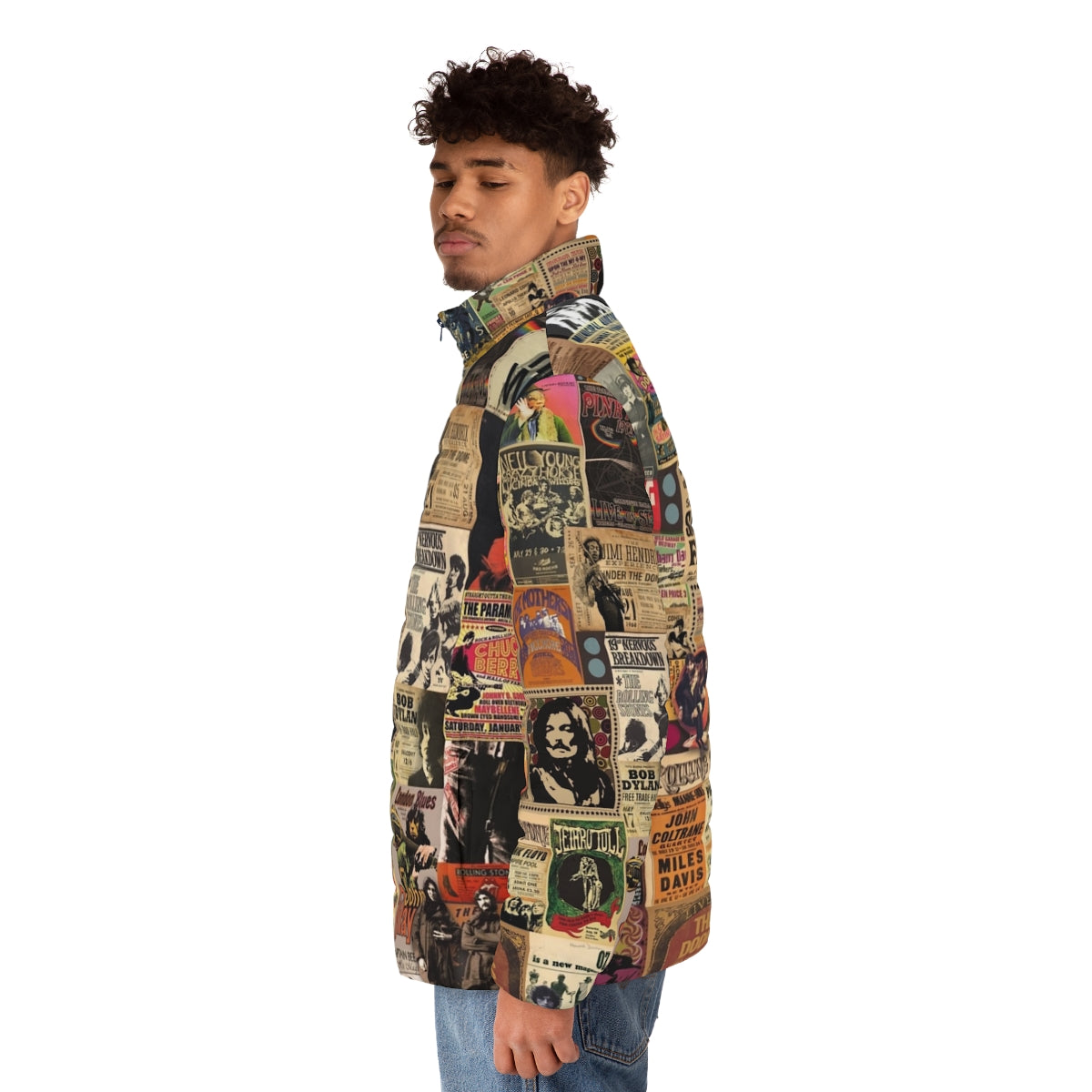 Rock and roll puffer jacket featuring a collage of vintage music legends - men side left