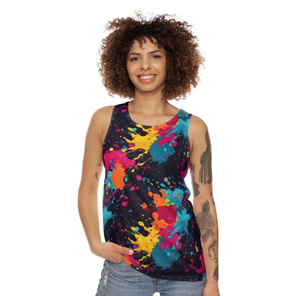 Colorful paint splatter design on a unisex tank top - women