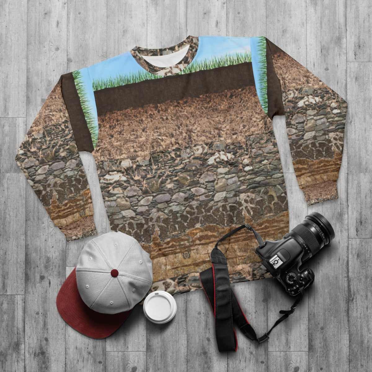 Soil Profile Sweatshirt with educational design - flat lay