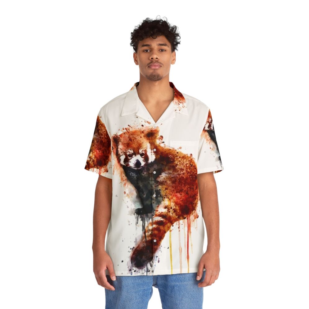 Vibrant red panda Hawaiian shirt with watercolor wildlife art - People Front