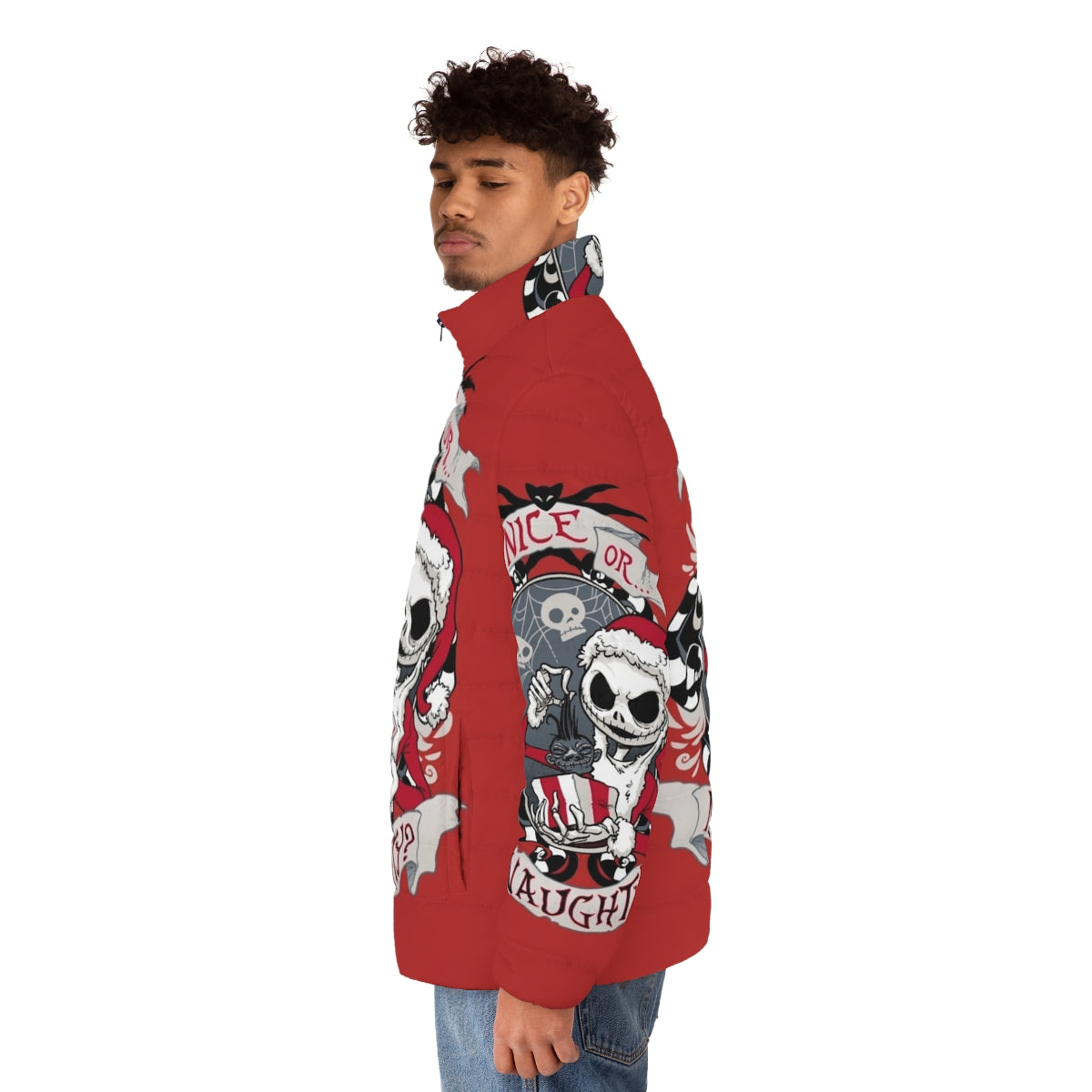 Scary Santa Puffer Jacket featuring Jack Skellington and Nightmare Before Christmas inspired design - men side left