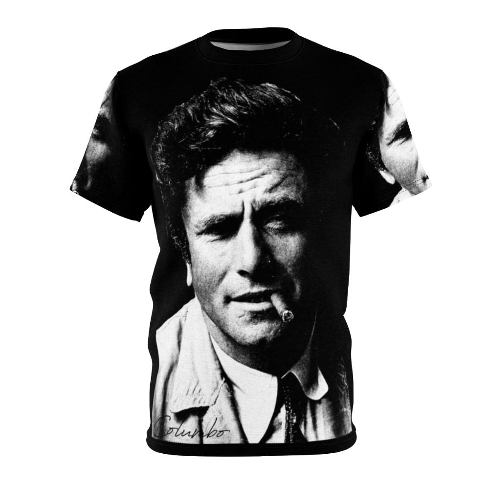 Columbo portrait graphic t-shirt design featuring the iconic TV detective Peter Falk