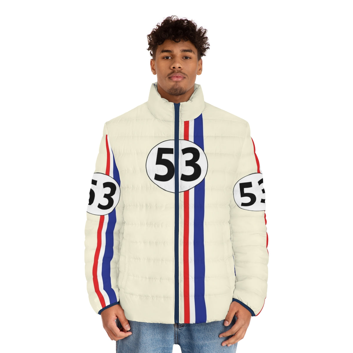 Herbie Number 53 Puffer Jacket with classic racing stripes and number design - men front