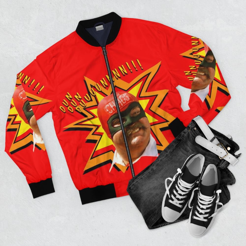 Captain Chaos Superhero Bomber Jacket - Iconic '70s and '80s Comedy Memorabilia - Flat lay