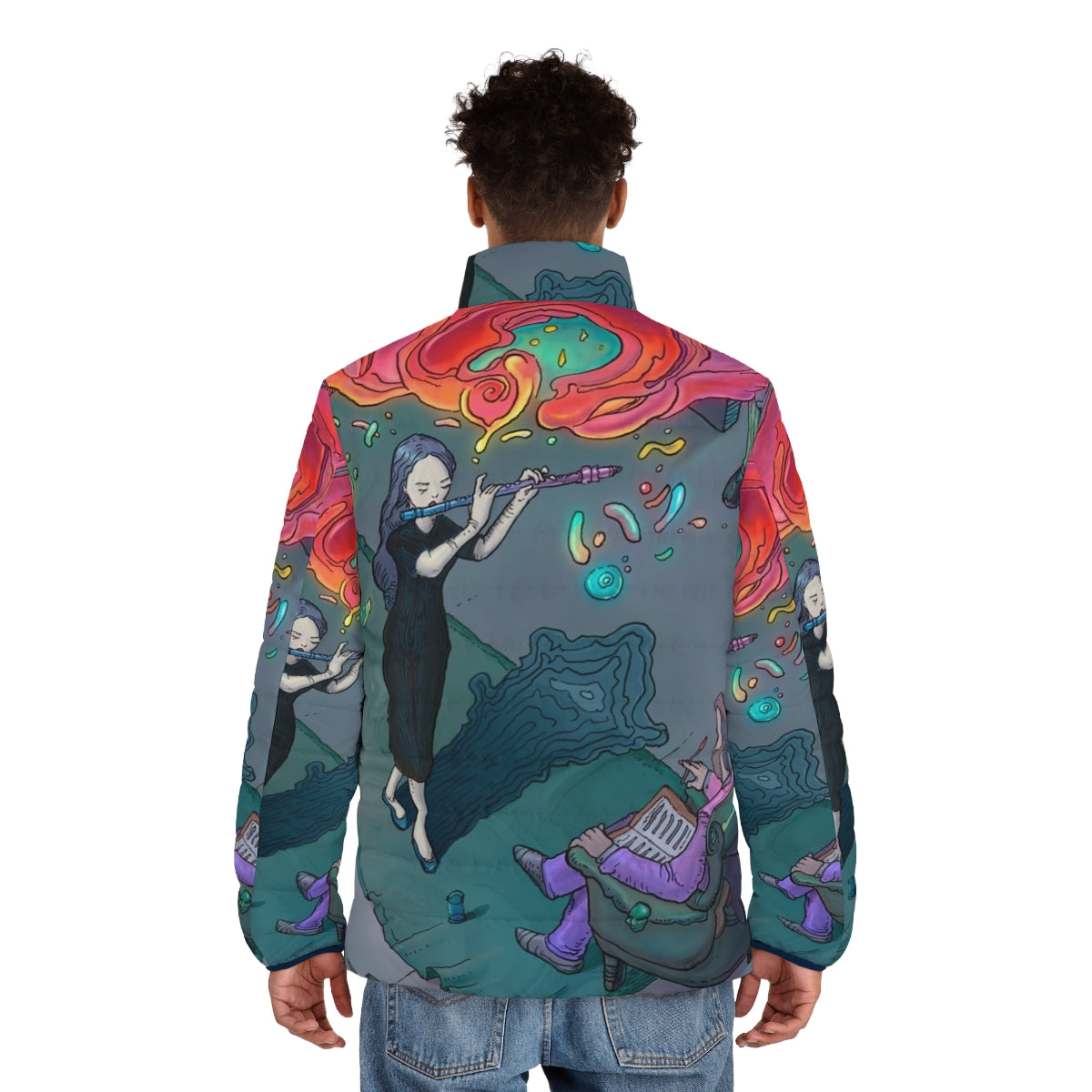 Puffer jacket with musical and artistic design elements - men back