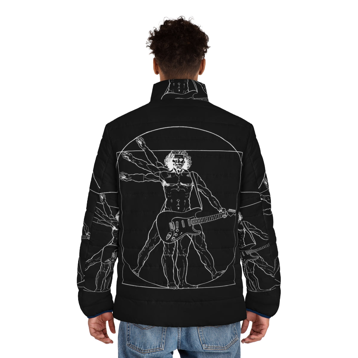 Vetruvian Rock Star Puffer Jacket featuring classic art inspired by Leonardo da Vinci - men back