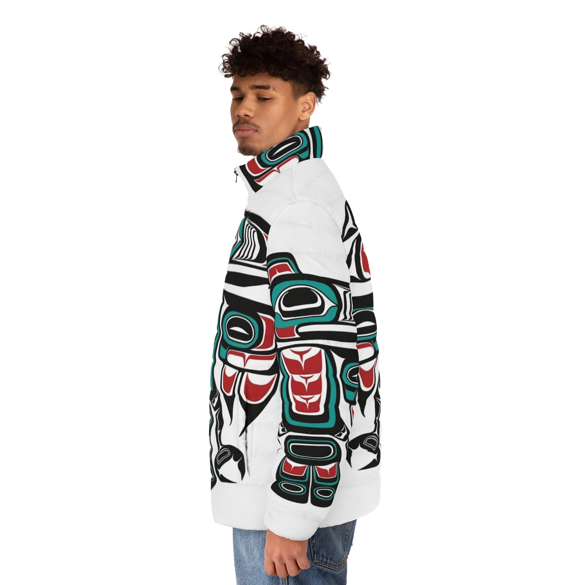 Haida Tlingit Native Raven Totem Puffer Jacket featuring traditional indigenous artwork - men side left