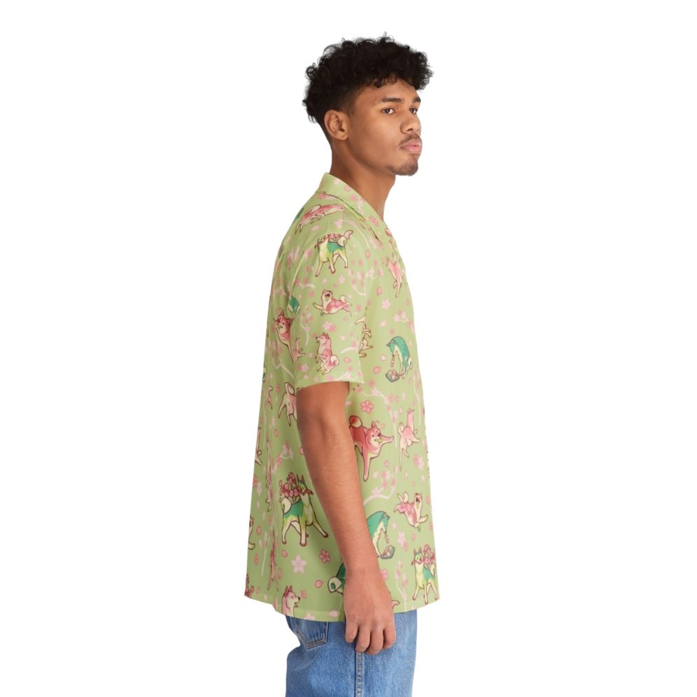 Shibakura Matchinu Matcha Green Hawaiian Shirt with Shiba Inu and Cherry Blossom Print - People Pight