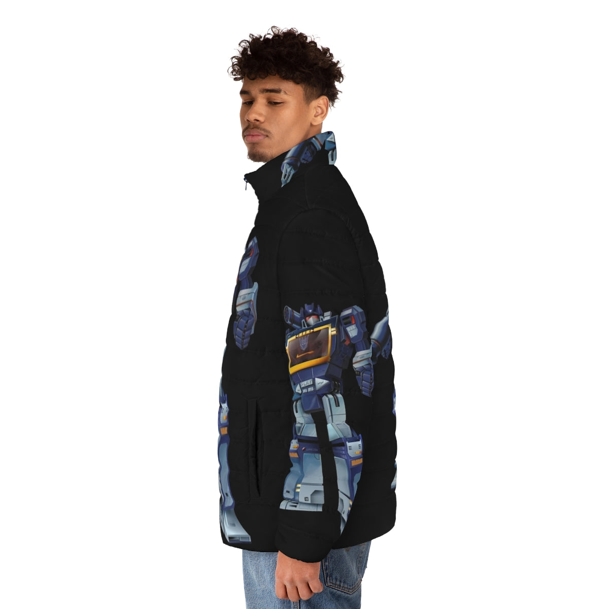 Masterpiece Soundwave Transparent Puffer Jacket with Transformers Decepticon Design - men side left