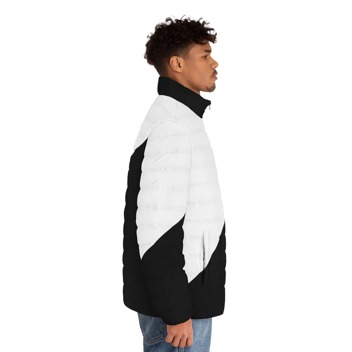 Diagonal half white and black puffer jacket with abstract geometric pattern - men side right