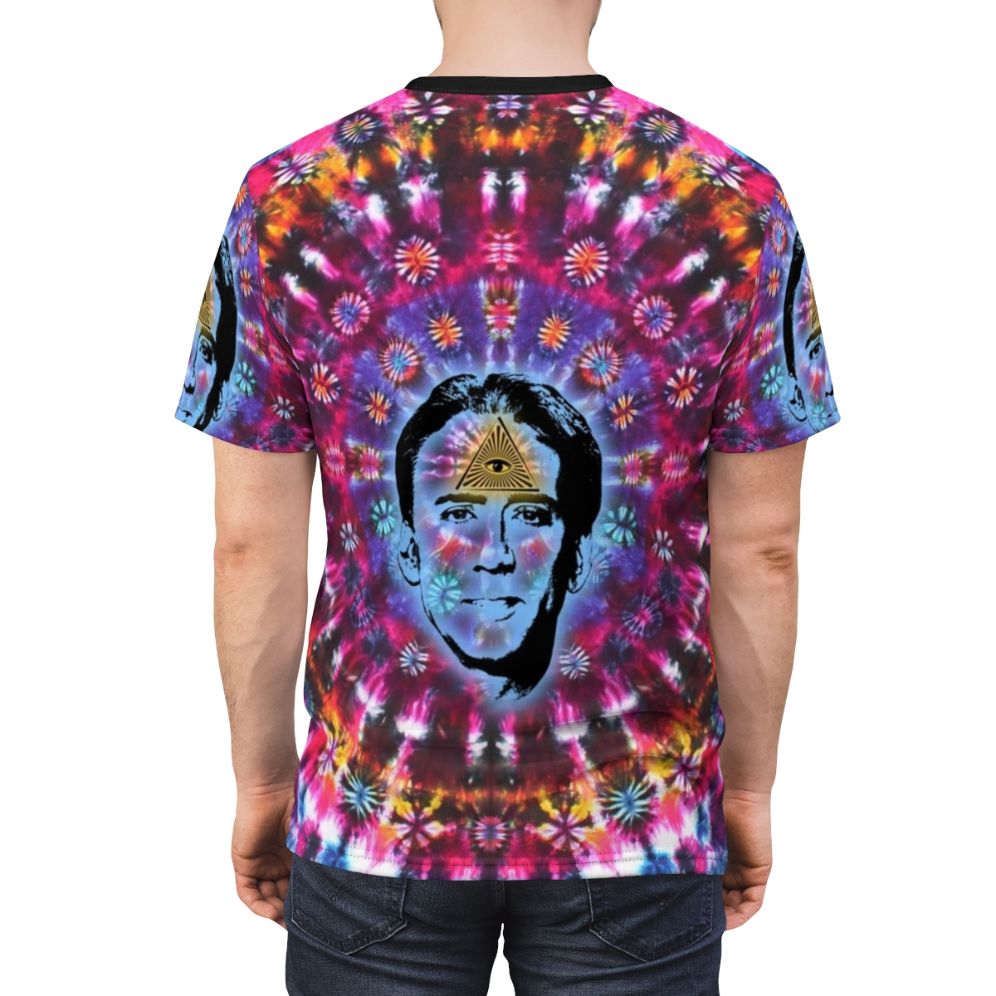 Tie dye t-shirt featuring a graphic design of Nicolas Cage's face - men back