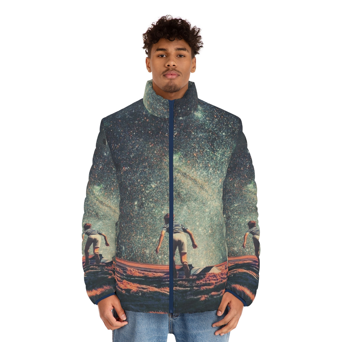 Nostalgic retro puffer jacket with pop art cosmic landscape design - men front