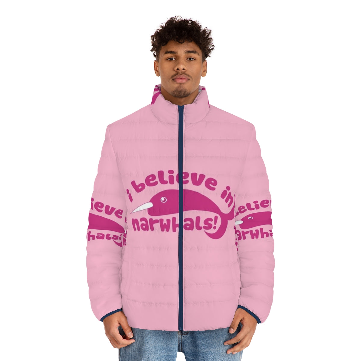 Narwhal puffer jacket with 'I Believe in Narwhals' text - men front