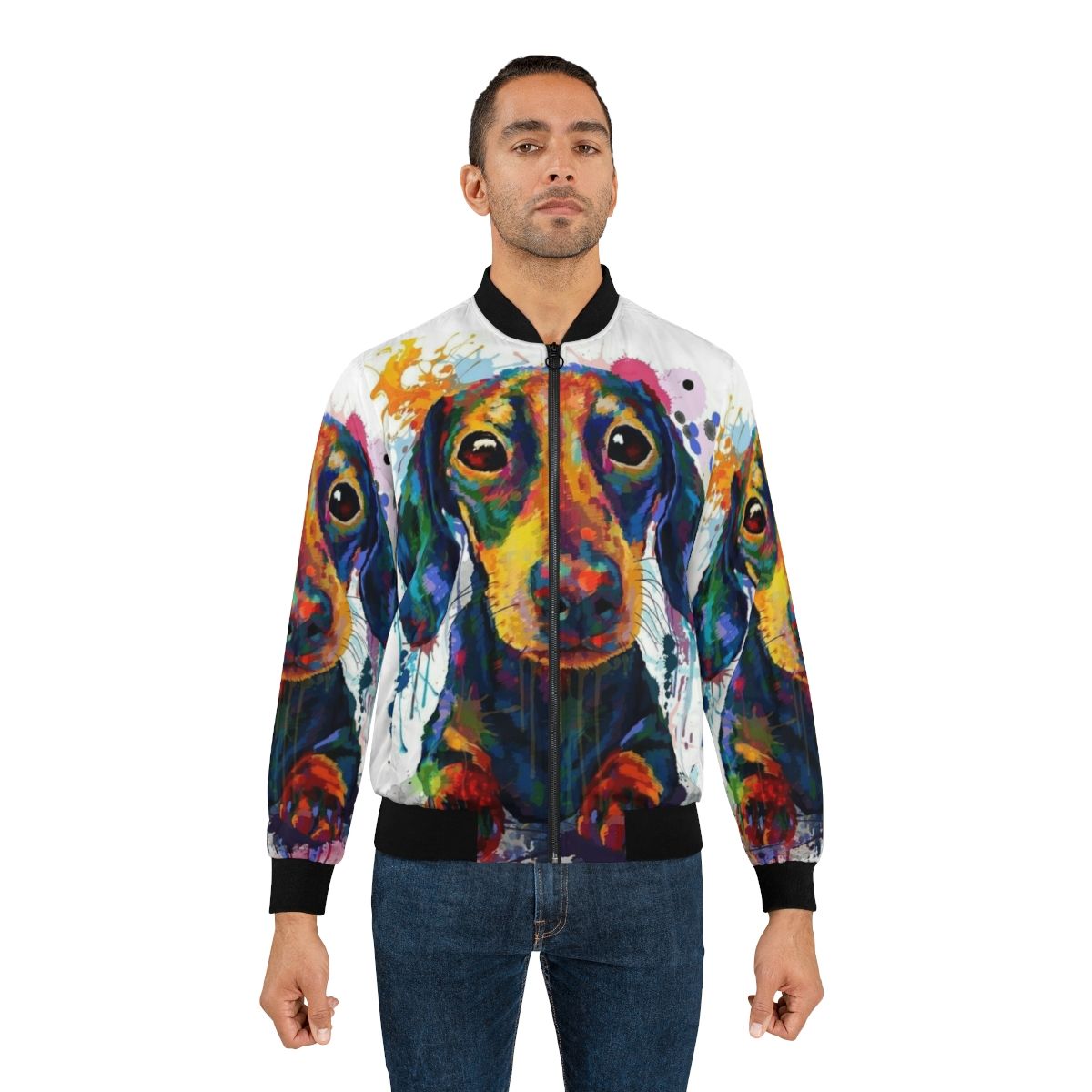 A black bomber jacket with a cute dachshund dog art design. - Lifestyle