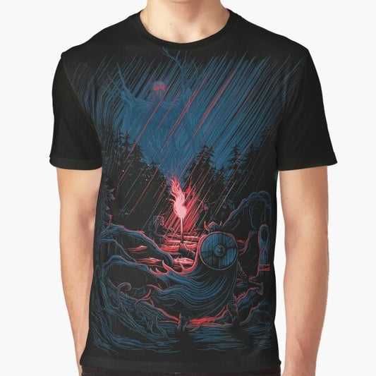 Valheim-inspired fantasy graphic t-shirt featuring a Viking warrior in a forest setting with an axe and shield.