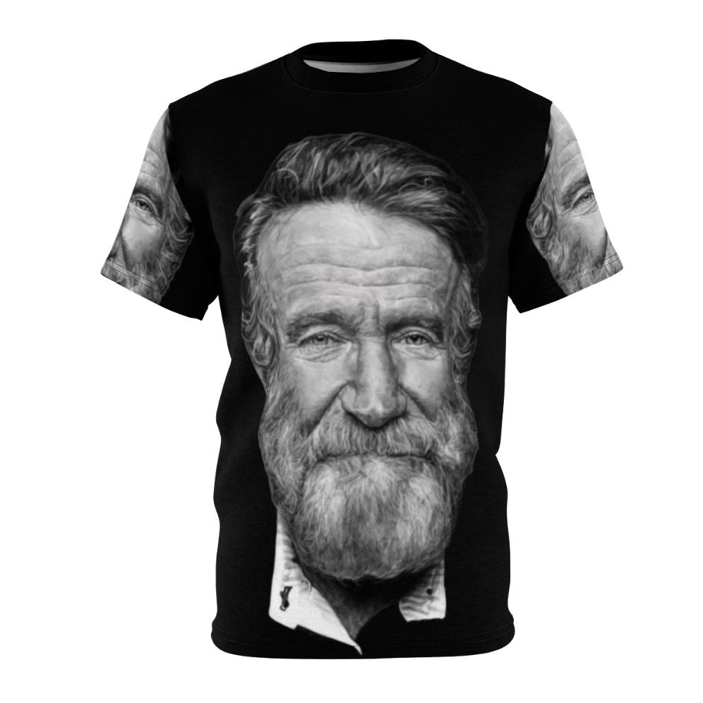 Artistic rendition of Robin Williams in a portrait design on a t-shirt