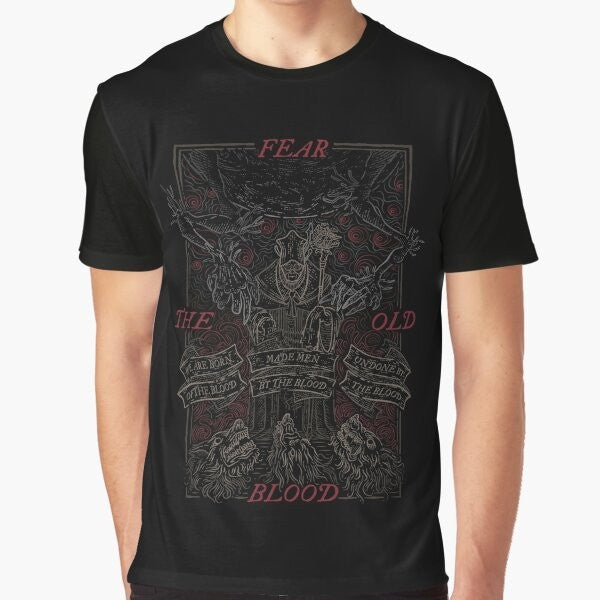 A vintage-style graphic t-shirt featuring the Bloodborne logo and Lovecraftian imagery of the "old blood".