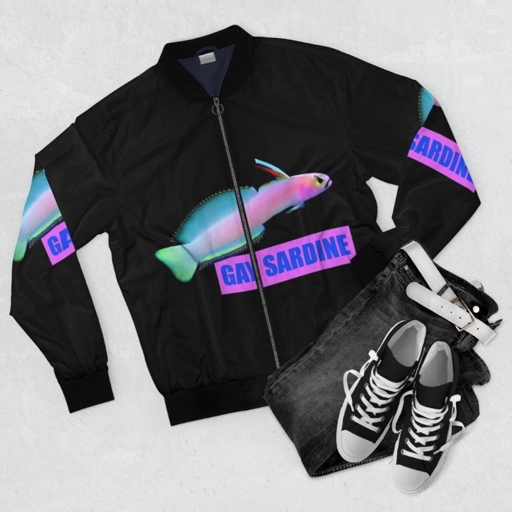 Vintage-inspired bomber jacket with GAY SARDINE 1 graphic - Flat lay