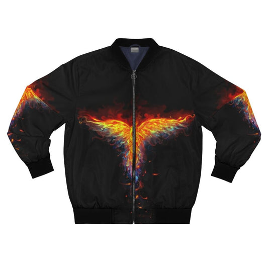 A bomber jacket with a phoenix design, featuring a mythical bird on fire against a backdrop of flames and fantasy elements.