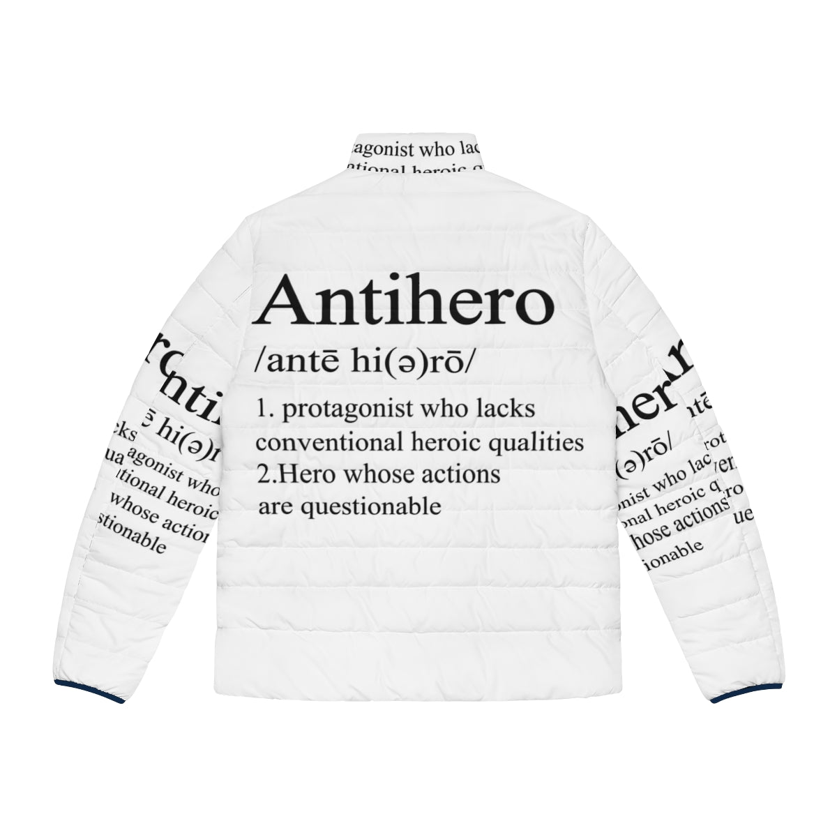 Antihero definition superhero puffer jacket with comic book inspired typography - Back