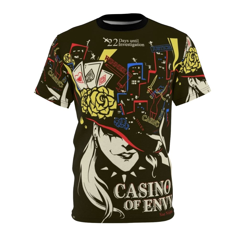 A high-quality T-shirt design featuring the "Casino of Envy" motif from the Persona video game series.