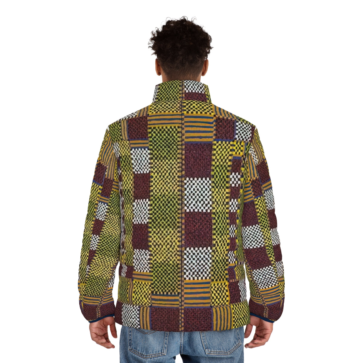 Puffer jacket with colorful geometric patterns inspired by the artwork of Alfred Jensen - men back