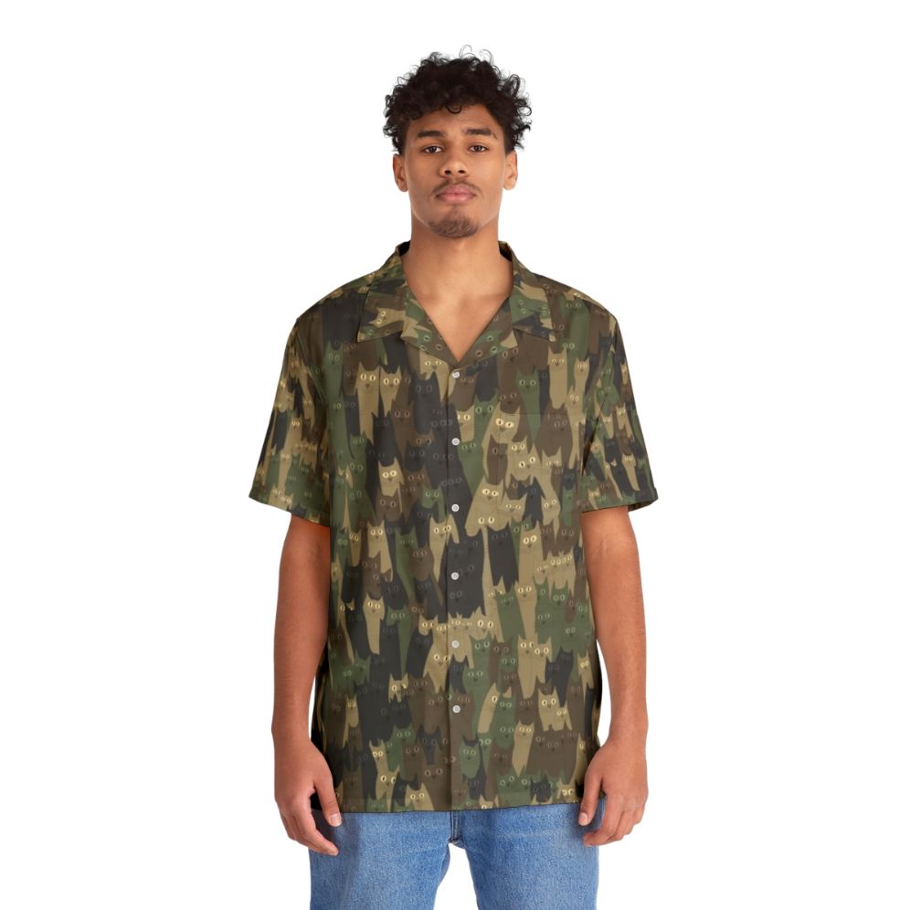 Camo Cats Hawaiian Style Shirt with Military Inspired Animal Print - People Front