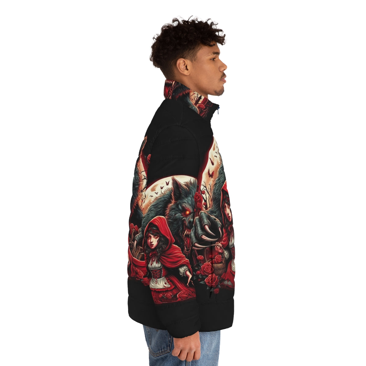 A red puffer jacket with a hooded design, inspired by the classic fairy tale of Red Riding Hood and her encounter with the wolf. - men side right