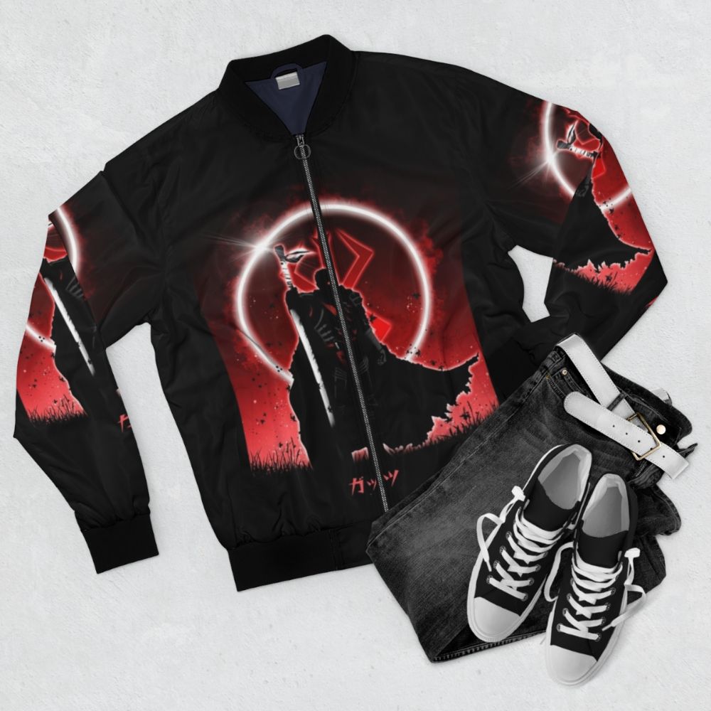 Berserker Guts inspired bomber jacket with anime and manga design - Flat lay