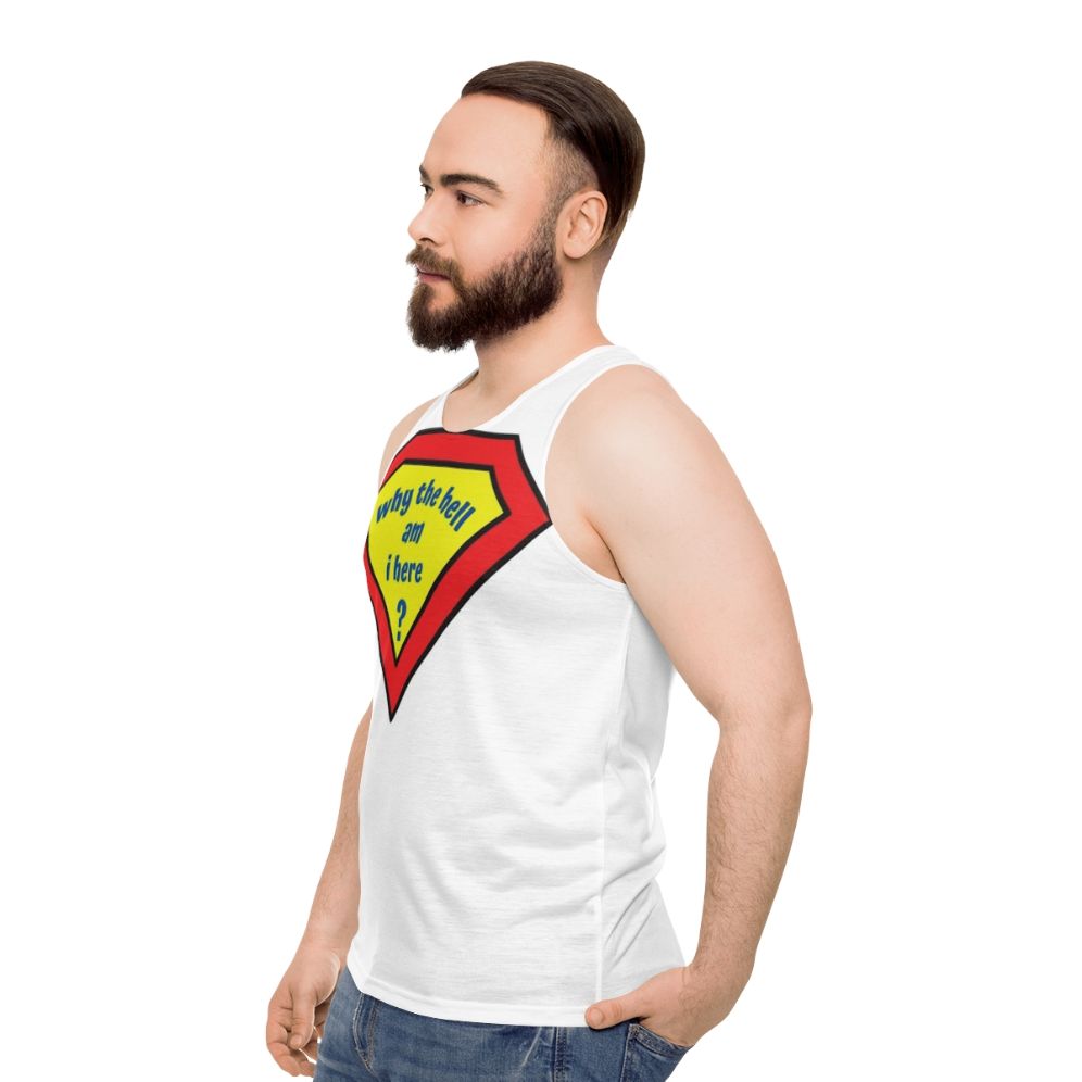 Confused comic superhero unisex tank top - men side